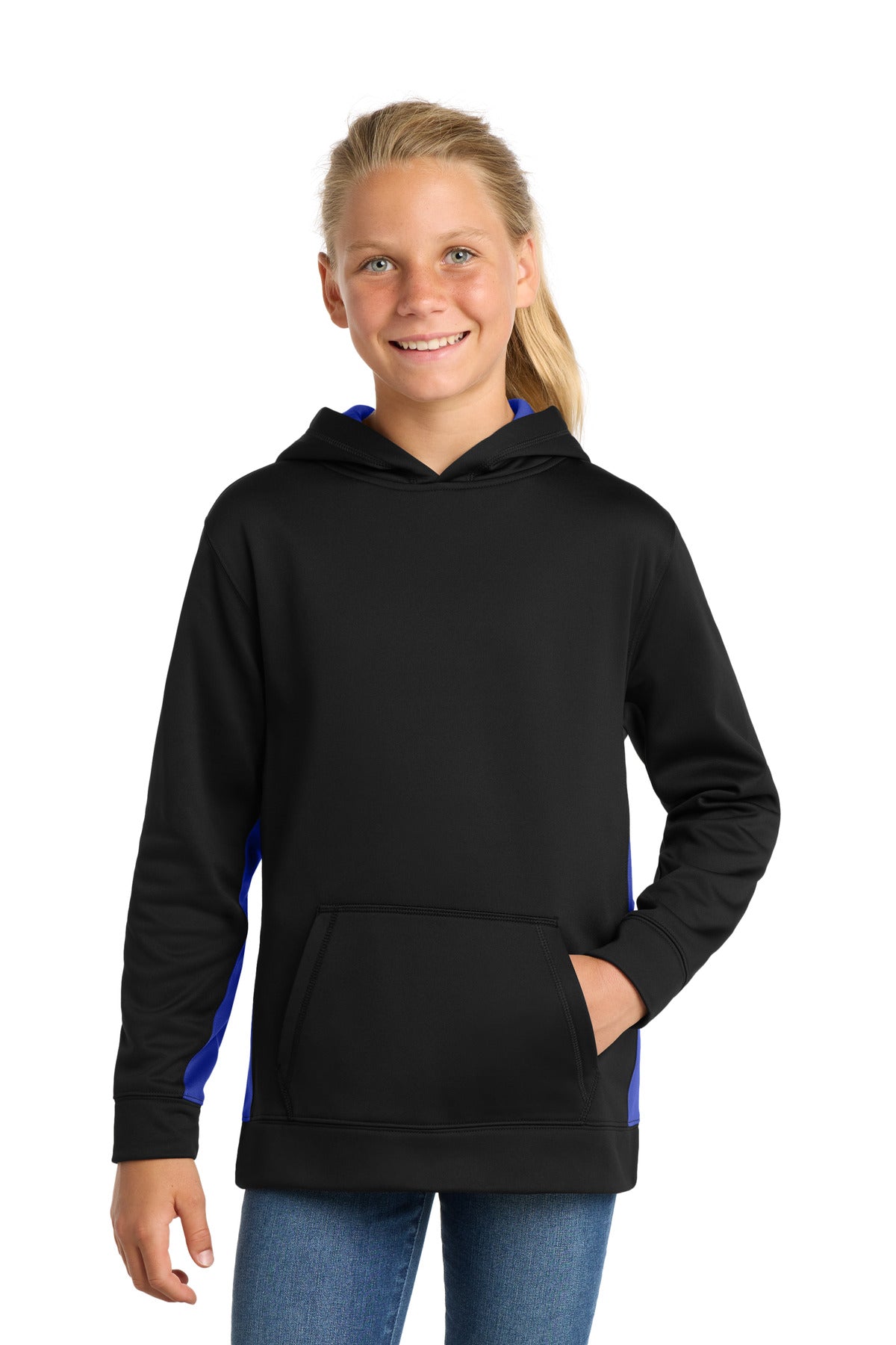 Sport-Tek® Youth Sport-Wick® Fleece Colorblock Hooded Pullover.  YST235